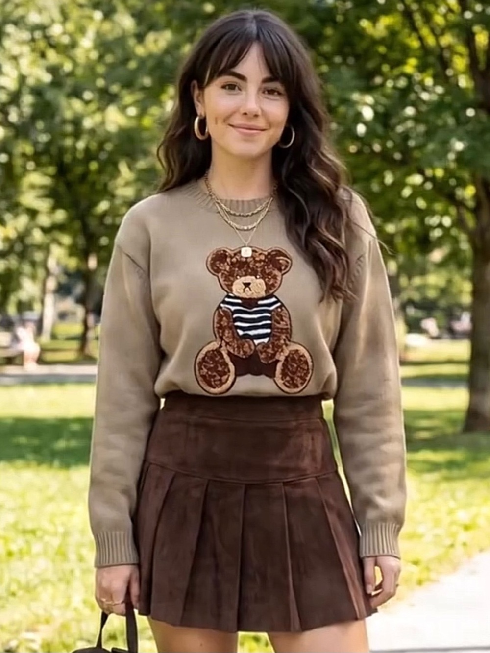 Beige Teddy Appliqué Sweater - Women’s Casual Pullover XL